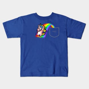 Kawaii Cute Unicorn Cartoon Sliding On Rainbow Pocket Design Kids T-Shirt